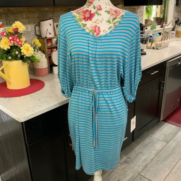 Calvin Klein Dresses & Skirts - Calvin Klein Blue Gray Striped Drawstring Waist Knit Dress Sz 10 Stretch